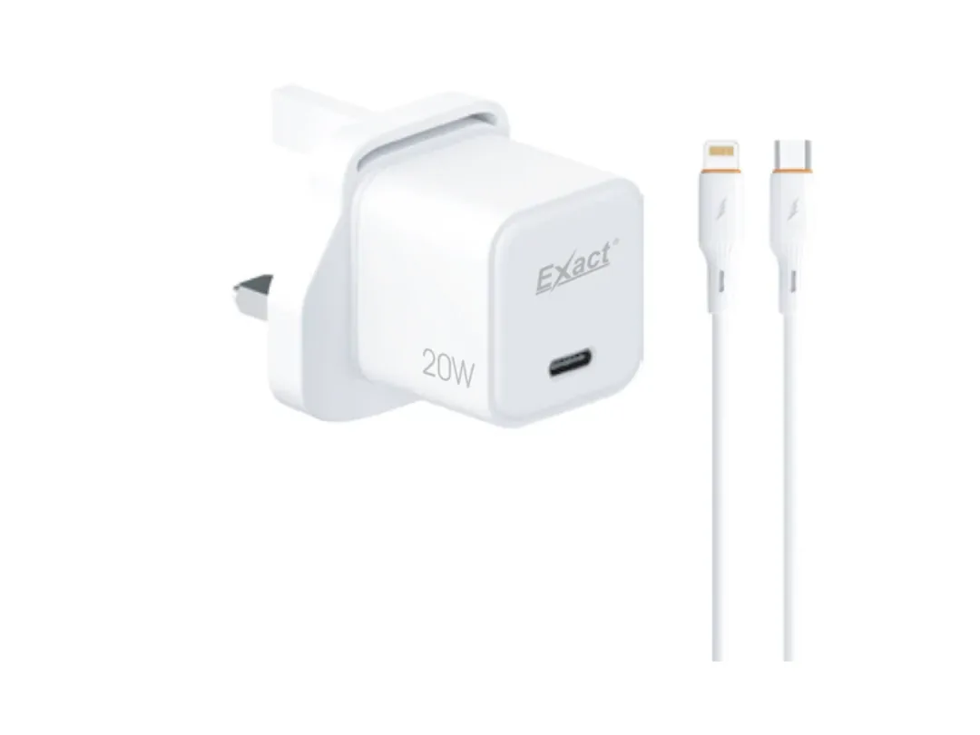 Exact 20W PD GaN Fast Charger Adapter with USB-C To Lightning Cable, EX1212- White