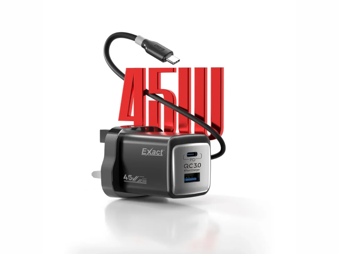 Exact 45W Dual Plug Charger Adapter with USB C to C Cable - For Smartphones, Tablets, Laptops, USB-C Devices - EX1279