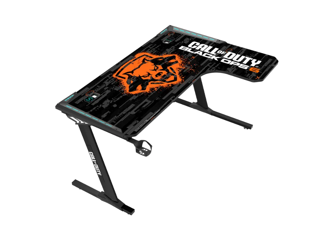 Gameon x Call Of Duty RGB Flowing Light Gaming Desk With Full Table Mouse pad, Wireless Charger, USB Splitter, Headphone Hook, Cup Holder - BLKOPS6-RAPTOR-R