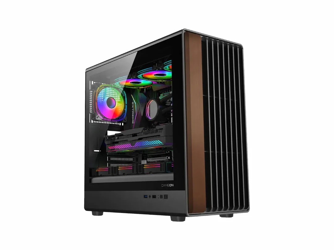 GAMEON TIMBER Midnight Series ARGB + PWM Mid Tower PC Gaming Case ( 7x 120mm Pre-Installed ARGB+PWM Fans )- Wood/Black