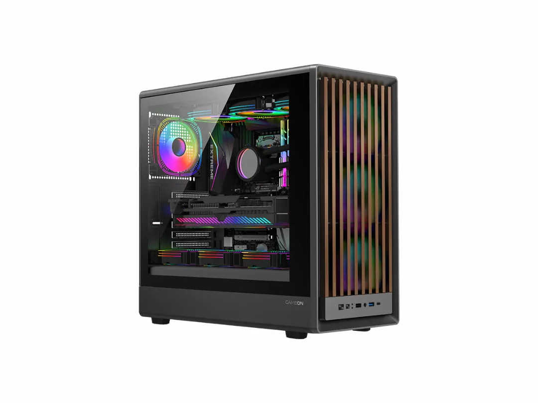 GAMEON TIMBERI Midnight Series ARGB + PWM Mid Tower Gaming Case (Pre-installed 7 × 120mm ARGB+PWM fans) - Wood/Black