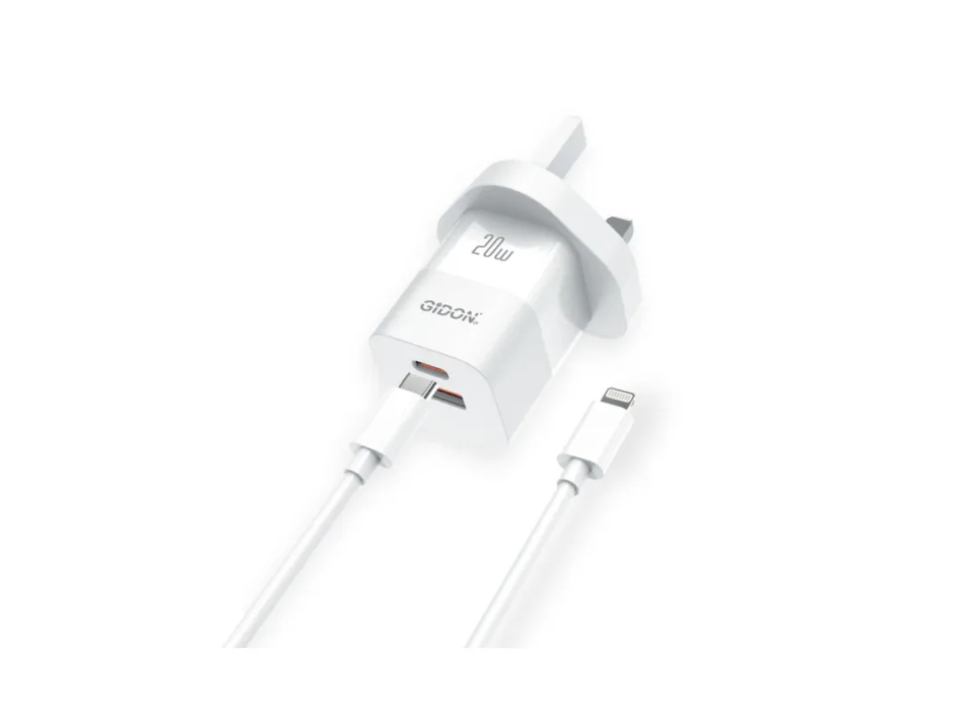 Gidon Dual Port Charger Adapter (USB Type C & USB A ports)  With Type C To Lightning Cable, GD753
