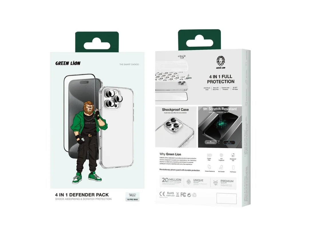 Green Lion iPhone 16 Pro 4 In 1 Defender Pack(Anti Shock Case. Nano HD Full Protection, Camera Lens Film, 3D Pet HD Screen Protection)