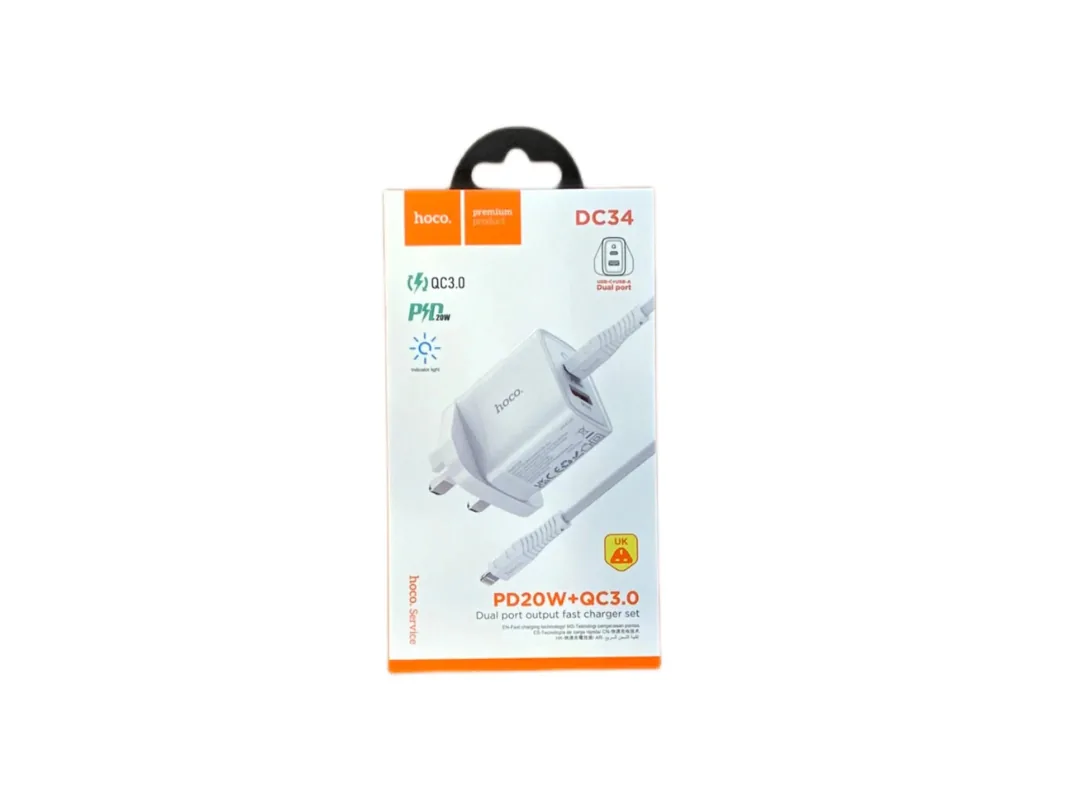 Hoco DC34 Pd20W+Qc3.0 Dual Port Output Fast Charger Set with USB Type C to Lightning Cable