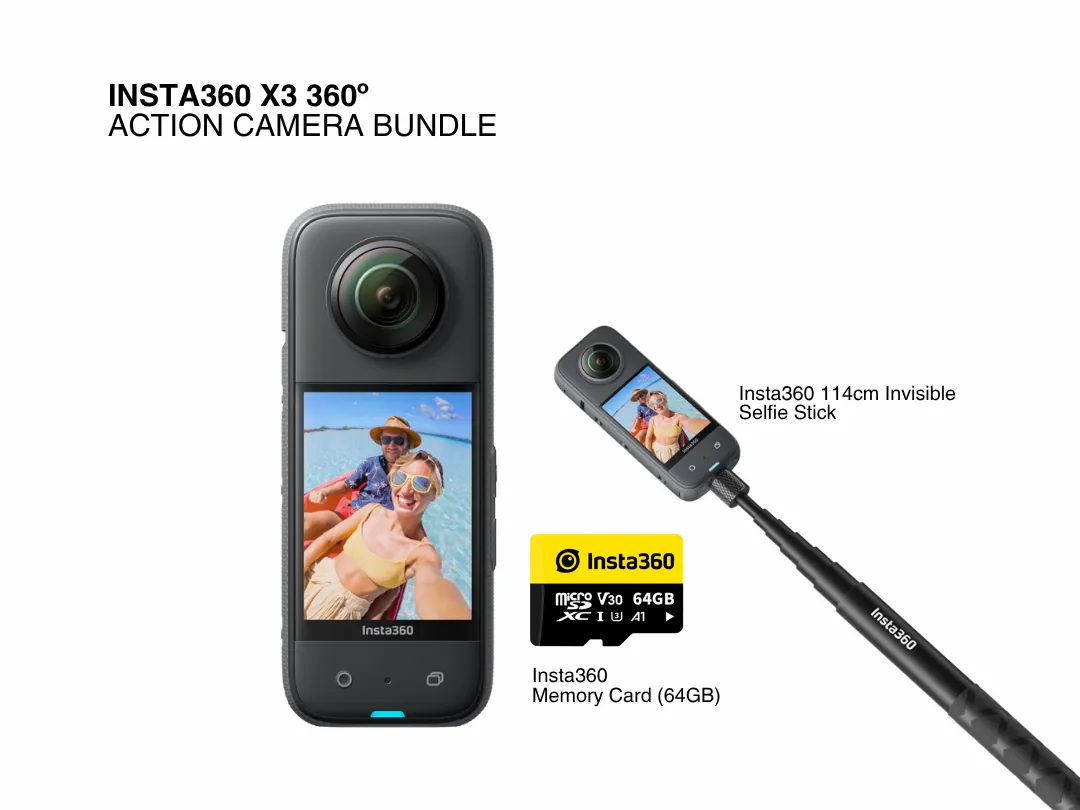 Insta360 X3 Bundle Deal - X3 Pocket 360º Action Camera + Insta360 114cm Invisible Selfie Stick + Insta360 Memory Card (64GB)