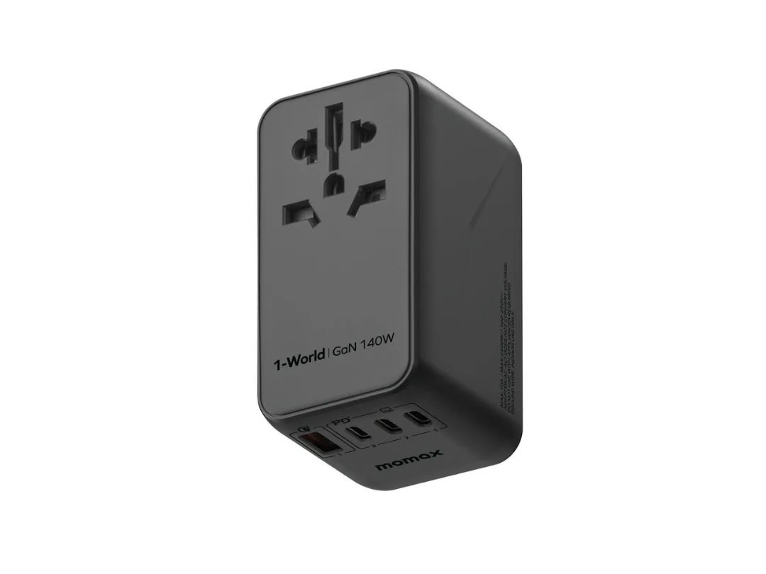 Momax 1-World+ 3-Port Travel GaN Charger Adapter With Built-in USB-C Cable 70W - Black