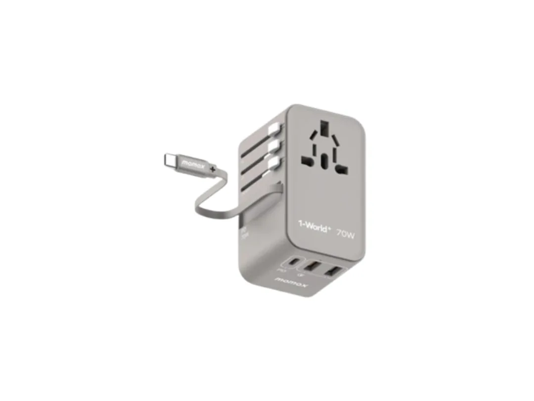 Momax 1-World+ 3-Port Travel GaN Charger Adapter With Built-in USB-C Cable 70W - Grey