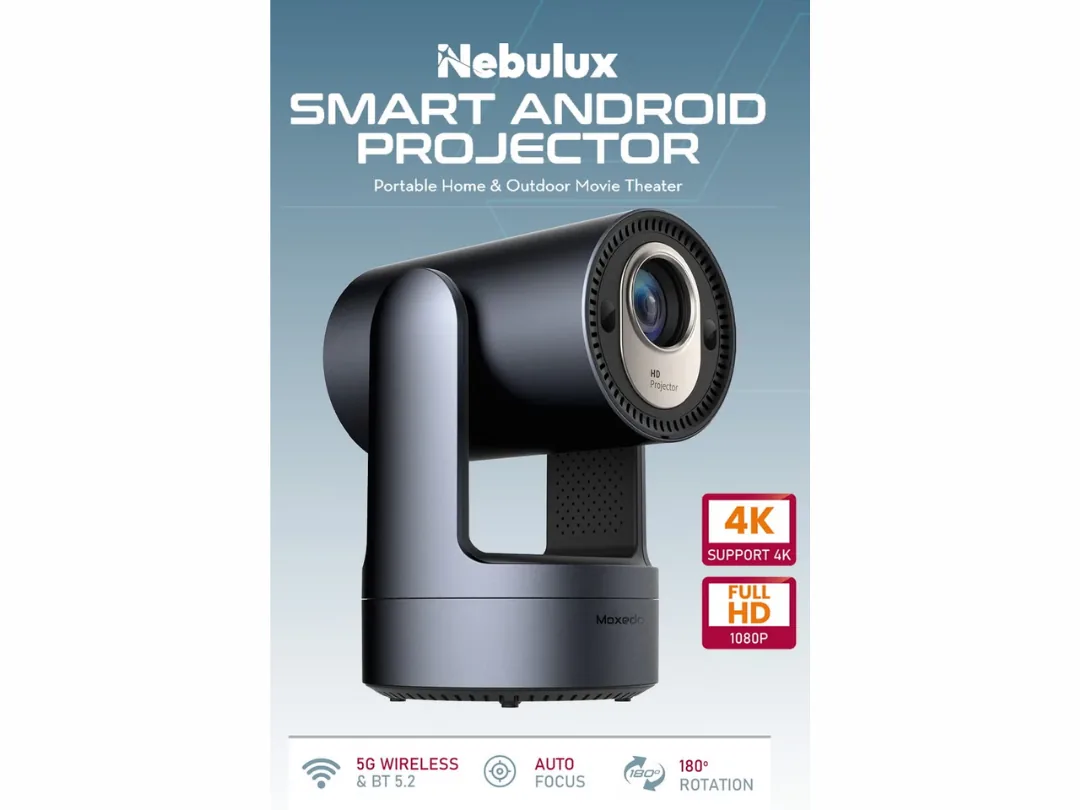 Moxedo Nebulux Smart Android Projector, 4K Android OS 9.0, 1080P with Auto Keystone, 260 Ansi Lumen Brightness, with Built-in 5W Speaker, 5G WiFi, Bluetooth 5.2