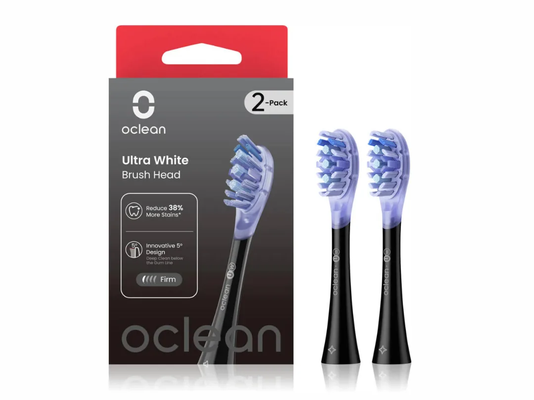 Oclean UW02 Ultra White Brush Head 2 Pack, FlexFit Tech, Unique Bristles Combination, Delicate Tongue Cleaner, FDA Compliant Material, Black | C04000255