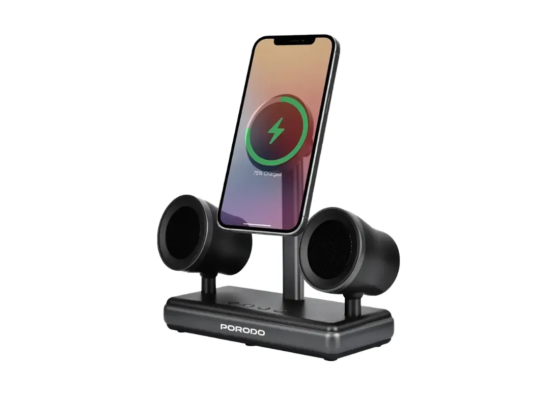 Porodo 2 in 1 Speaker Charging Dock with Q12 Magnetic Wireless Charging & Built in Speaker - Black (PD-FWCH050-BK)