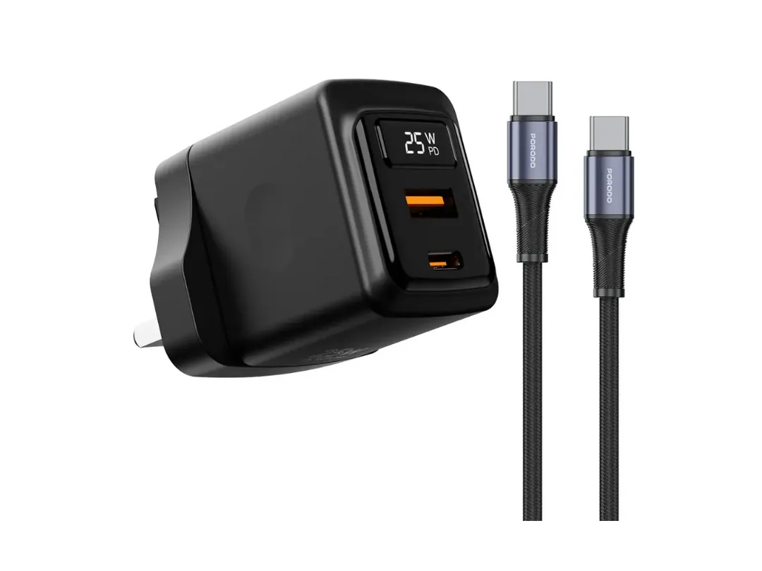 Porodo GaN 25W Dual-Port(USB-A, USB-C) Wall Charger Adapter with Real time power display - Black (PDFWCH076CBK)