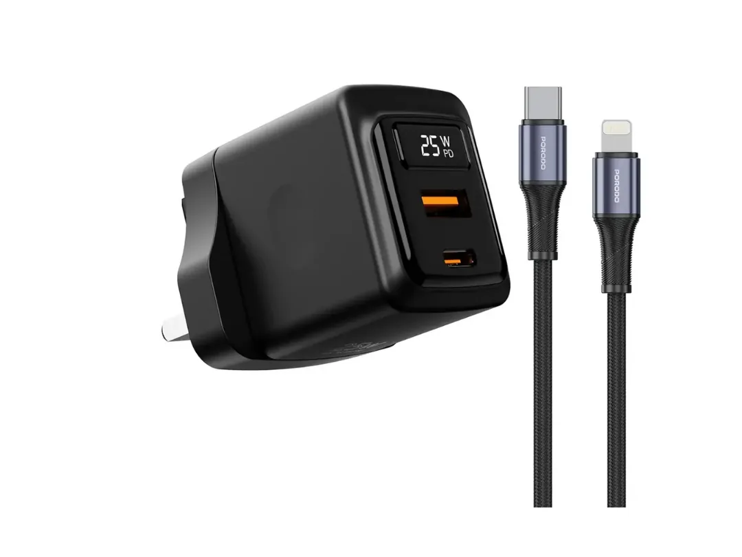 Porodo GaN 25W Dual-Port(USB-A, USB-C) Wall Charger Adapter with 1M USB C to Lightning Cable & Real time power display - Black (PDFWCH076LBK)