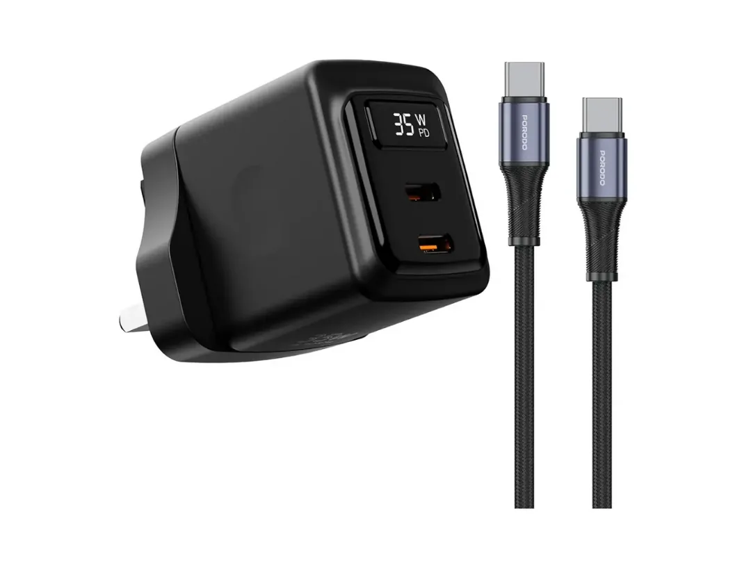 Porodo GaN 35W Dual USB-C Wall Charger & 1M USB Type C to C Cable with Real time Power Display - Black (PDFWCH084CBK)