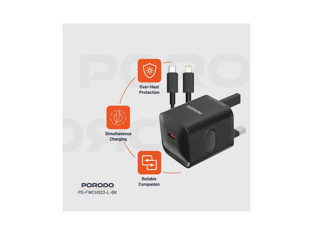Porodo USB-C Power Delivery GaN Wall Charger  UK with Lightning cable