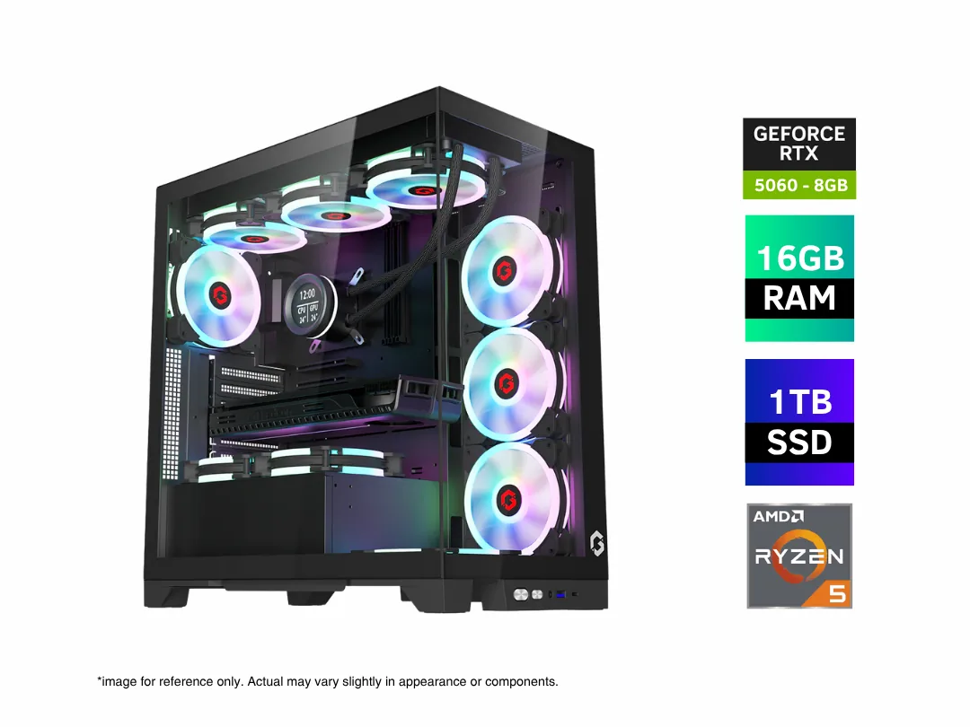 Pre Built Ryzen 5 Gaming & Productivity PC - RYZEN 5 9600X, 16GB RAM DDR5, 1TB NVMe SSD, 8GB GeForce RTX 5060 Graphics