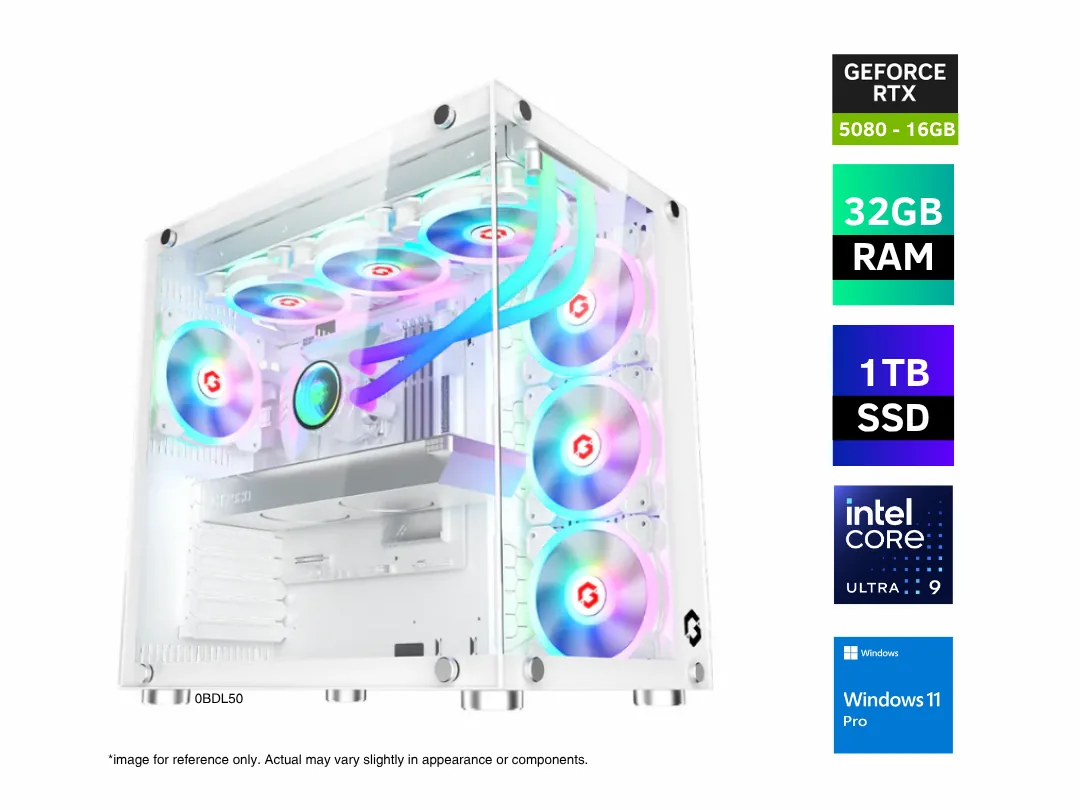 Pre Built Ultra 9 Gaming & Productivity PC - Intel Ultra 9 285K, 32GB (16GB x 2) RAM DDR5 6000mHz, 1TB NVMe SSD, 16GB GeForce RTX 5080 Graphics, Windows 11 Pro