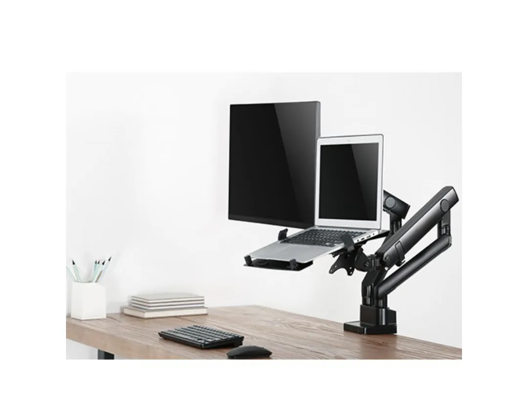 Skill Tech SH20 C024ML | Aluminum Slim Pole-Mounted Spring-Assisted Monitor Arm With Laptop Holder - Suitable For Most 17" ~ 32" Screens