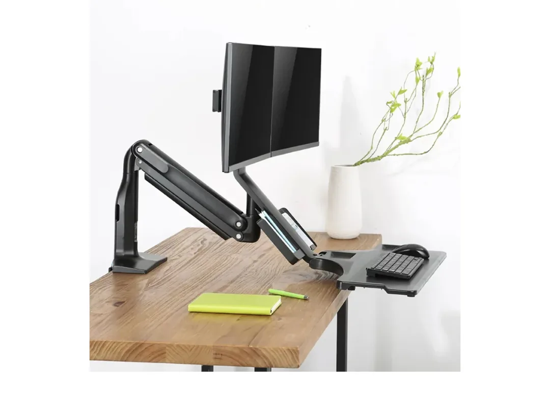 Skill Tech SHS 21 C02 Desk Mount Gas Spring Floating Sit-Stand Converter Ergonomic Monitor Mount with Integrated Keyboard Tray- Suitable for 17–27″ Screens