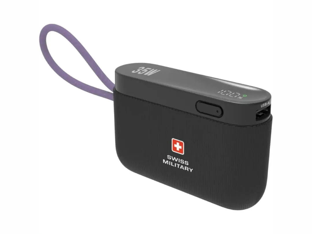 Swiss Military 10000mAh Compact Power Bank with Integrated Cable - 35W USB-C Power Delivery - USB-A and USB-C Output | LED Indicator