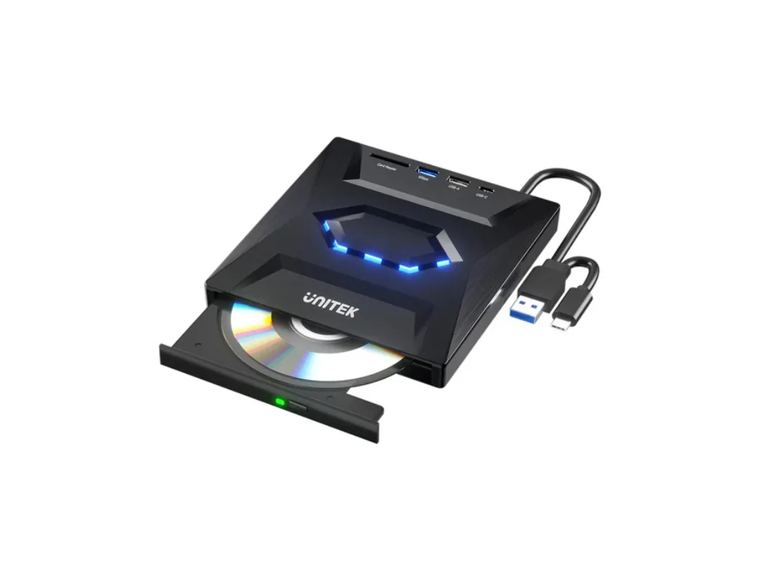 Unitek 5-in-1 External Optical CD Player Drive USB Hub (CD/DVD) with 2 USB-A Ports, USB-C Port & SD Card Reader - T1037A01