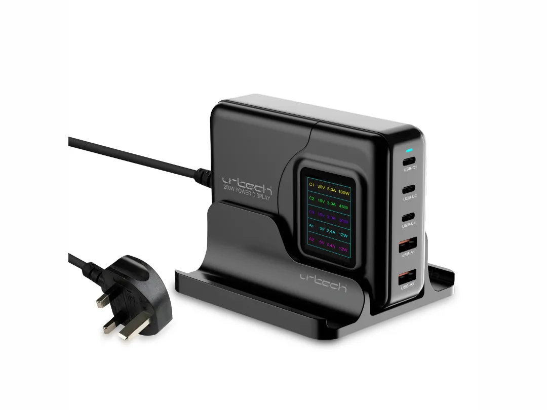 URTECH 200W GaN Desktop Multi-Port Charging Station | Smart LED Power Display | 5-Port USB Fast Charger | 3 USB-C + 2 USB-A | 100W PD | Multiple Device Power Hub - CHG200-USB-LED5P