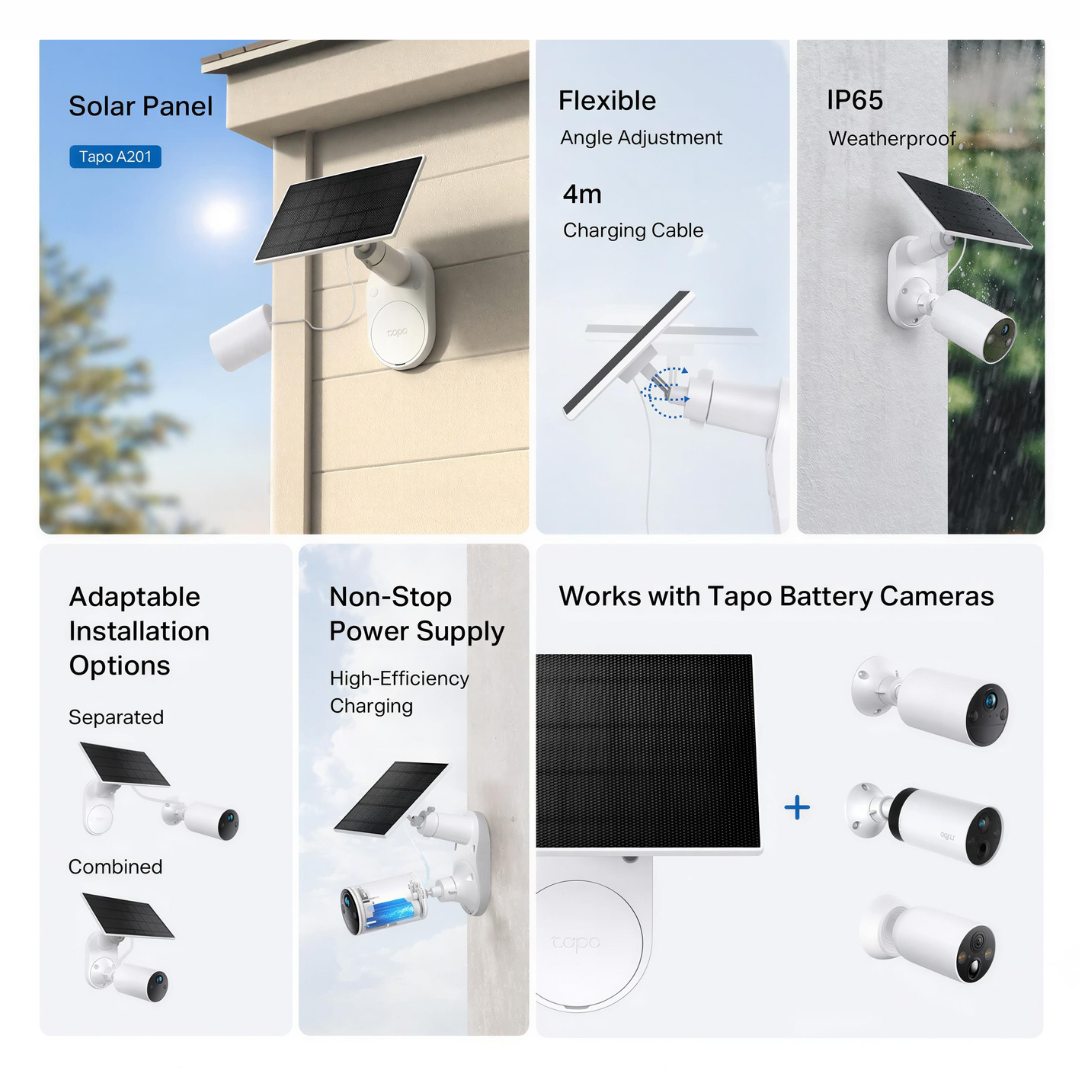 Tapo A201 Solar Panel, Flexible Installation and Angle Adjustment Compatible with All Battery Cameras