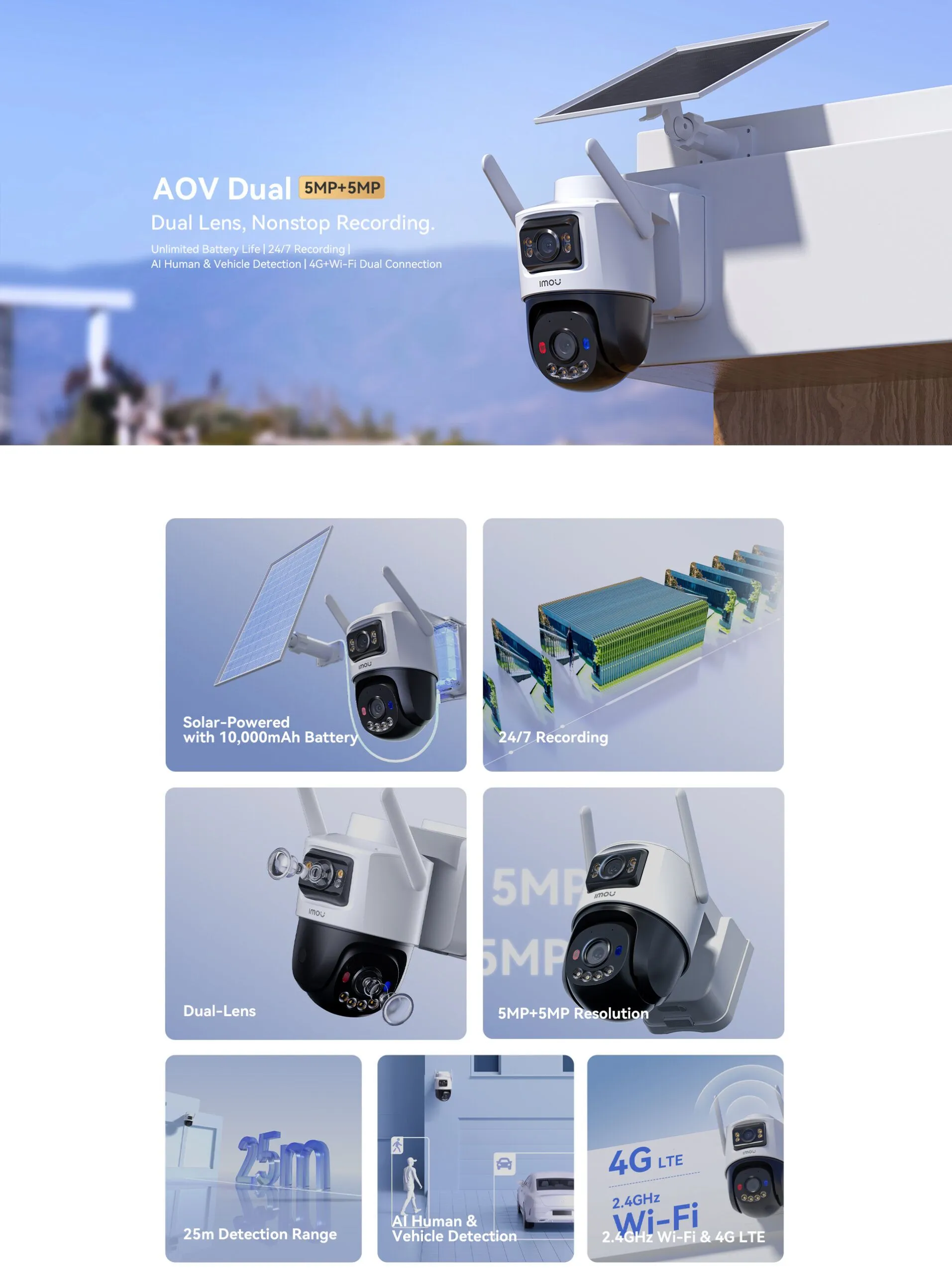 Imou IPC- SA70F-10M0T2-EU/FSP008 Aov Dual Camera Kit 5Mp+5Mp 4G, Wifi, Solar Powered